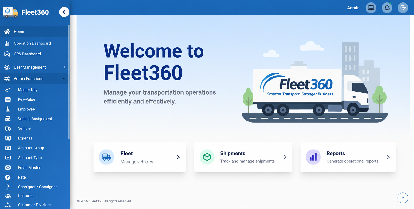 Fleet360 dashboard showing fleet, shipments and reports