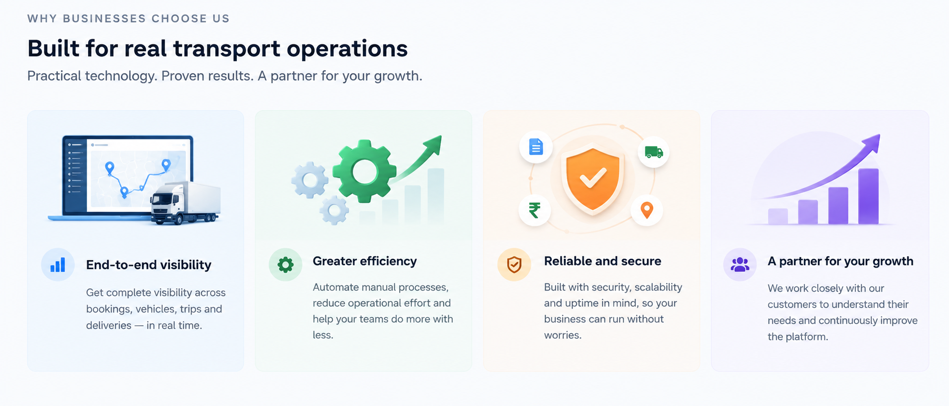 Why businesses choose us: end-to-end visibility, greater efficiency, reliable and secure, and a partner for your growth